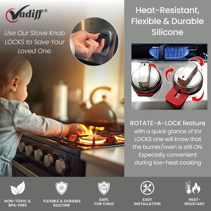 Vadiff 2025-26 Mom's Choice Winner- Gas Stove Knob Locks - Red Silicone Stove Knob Safety Covers for Toddlers, Pets - Child Proof Universal Size Knobs - Baby Proofing Protectors for Electric Stoves- 5Pcs - Image 3